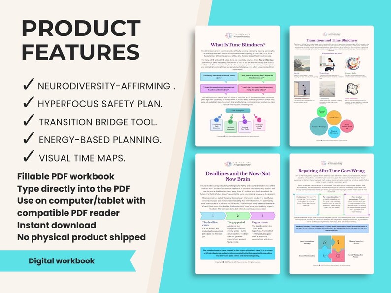 Op de afbeelding: Een digitaal invulbaar PDF-werkboek getiteld Product Features, met neurodiversiteit-bevestigende inhoud. Het bevat secties over tijdsblindheid, overgangen, deadlines en herstelstrategie&euml;n, gepresenteerd op vier verschillende pagina's.