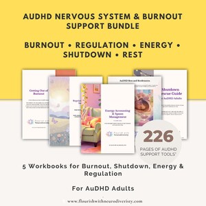 Op de afbeelding: Een bundel van vijf werkboeken voor AuDHD-volwassenen, gericht op burn-out, regulatie, energie, shutdown en rust. De werkboeken hebben kleurrijke covers met titels als "Getting Out of Burnout". De bundel bevat 226 pagina's met ondersteuningstools.