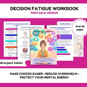 Op de afbeelding: Een digitaal werkboek getiteld Decision Fatigue Workbook for Neurodivergent Adults, met meerdere pagina's met tekst, grafieken en illustraties. De omslag toont een mediterend persoon omringd door kleurrijke gedachtenwolkjes met iconen.