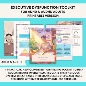 Peut inclure: Un kit d'outils imprimable sur le dysfonctionnement exécutif pour adultes TDAH et autistes, comprenant plusieurs pages de contenu éducatif, de diagrammes et d'illustrations. Les documents incluent des titres, des graphiques colorés et une page de couverture.