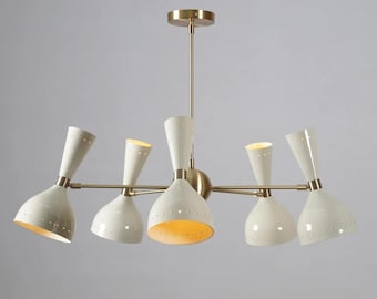 Handmade Vintage Mid Century Brass Sputnik Chandelier Adjustable Ceiling Light with White Shade