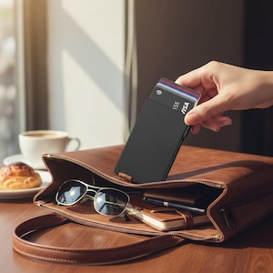 May include: A black cardholder containing several credit cards is being removed from a brown leather bag. The cardholder has the word "VISA" printed on it. Other items in the bag include sunglasses, a notebook, and a pen. A cup of coffee and a pastry are in the background.