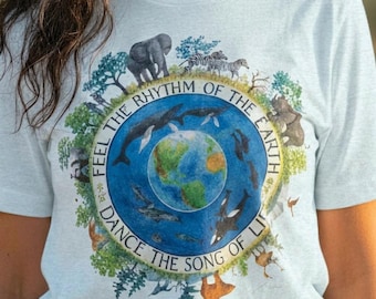 Camiseta Círculo de la Tierra, Camiseta para Amantes de la Naturaleza, Camiseta Gráfica de Vida Silvestre y Tierra, Camiseta Siente el Ritmo de la Tierra, Camiseta de Senderismo en la Naturaleza - Azul Hielo Jaspeado