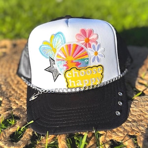 Choose Happy Trucker | Retro Boho Sunshine Patch Cap | Floral Butterfly Western Aesthetic | Positive Vibes Mesh Snapback