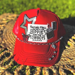 Red Western Trucker Hat | Handmade Hippies Cowboys Patch, Rhinestone Butterfly Snapback