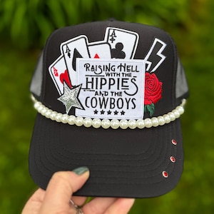 Western Playing Cards Trucker Hat | Raising Hell Hippies Cowboys Cap | Pearl Trimmed Boho Style
