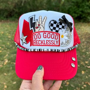 Red Patch Trucker Hat, Do Good Recklessly, Checkerboard Lightning Bolt Snapback