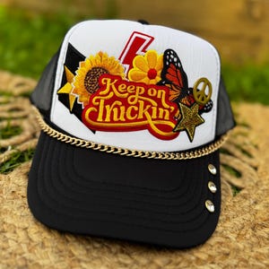 Keep on Truckin Trucker Cap | Retro Boho Western Style | Sunflower Butterfly Patch | Hippie Vintage Vibes | Custom Chain Snapback