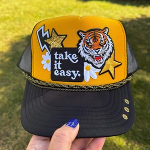Take It Easy Trucker Hat | Custom Tiger Patch Trucker Hat | Boho Graphic Snapback | Yellow & Black Mesh Hat | Handmade Boutique Gift