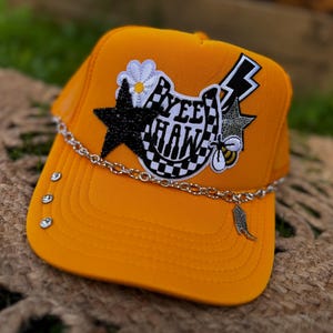Handmade Orange Trucker Hat, Rhinestone Chain, Western Cowgirl, Yee Haw Patch, Country Concert Outfit