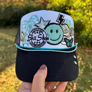 Turquoise Patchwork Trucker Hat, Smiley Face Western Hat, Black White Boho Hat, Y2K Beaded Rope Patch Hat, Trendy Women’s Gift