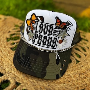 Loud and Proud Trucker Hat | Camo Patchwork Butterfly Chain Detail