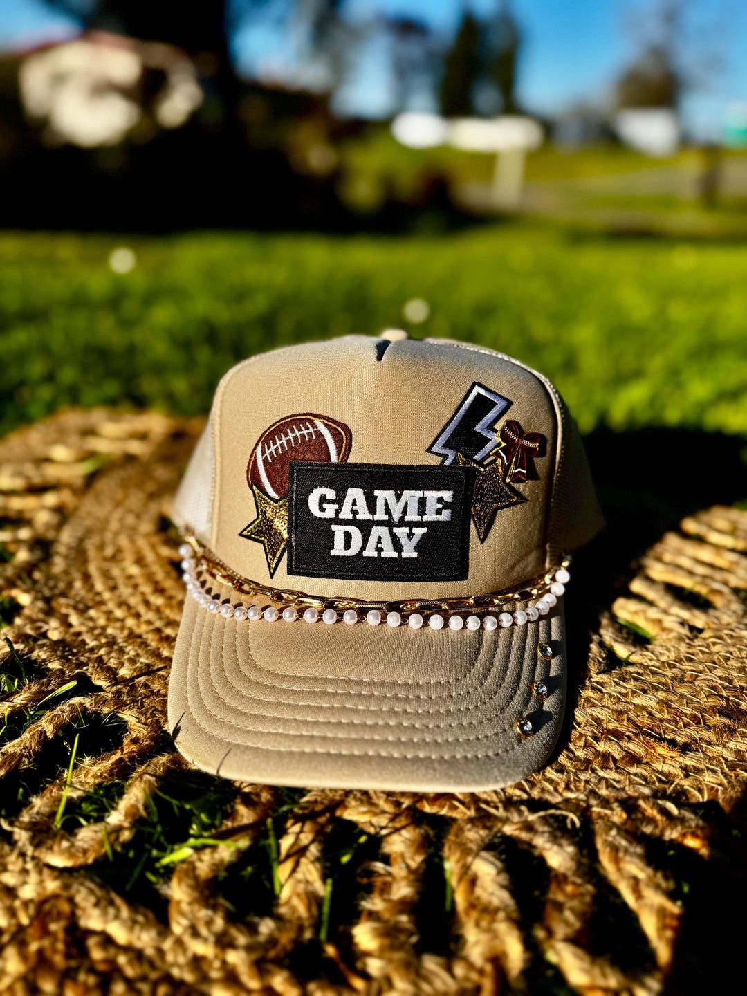 Football Rivals Cap Game Day Trucker Cap | Football Fan Pearl Chain Bling Snapback Beige - Etsy