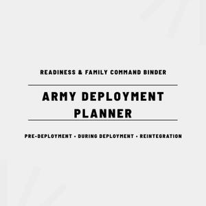Puede incluir: Fondo blanco con texto negro. El texto "READINESS & FAMILY COMMAND BINDER" está encima de una línea horizontal. Debajo, el texto "ARMY DEPLOYMENT PLANNER" se muestra. Debajo, el texto "PRE-DEPLOYMENT • DURING DEPLOYMENT • REINTEGRATION" se muestra.