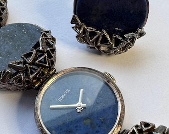 Rare Vintage Provita Brutalist Lapis Lazuli Watch & Matching Ring Set, Rare 0.935 High Grade Silver, 17 Jewels Mechanical Hand-Wind, 1970s