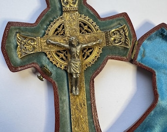 Victorian Celtic Revival Gilt-Brass Memorial Crucifix in Original Fitted Presentation Case (Dated December 25, 1892)