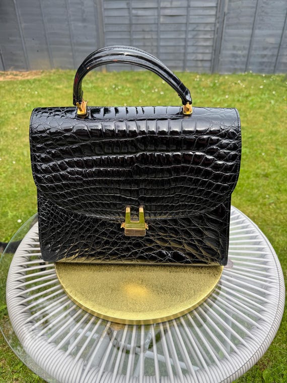 Vintage Black Genuine Crocodile Leather Top Handle Bag 1950s 1960s, Mid Century Exotic Skin Kelly Style Purse, Classic Structured Handbag