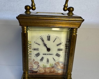 Vintage French Brass Carriage Clock w/ Hand-Painted Porcelain Cherub Panels & Key