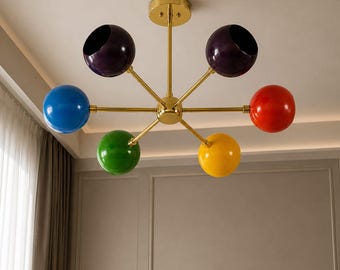 Lampadario multicolore a 6 luci, moderno apparecchio da soffitto con globo in ottone, illuminazione a sospensione colorata