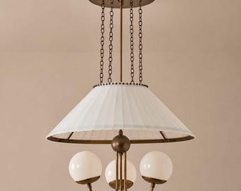 Modern Brass Chandelier Opal Globe Light Vintage Ceiling Fixture 3 Light & Pleated Shade
