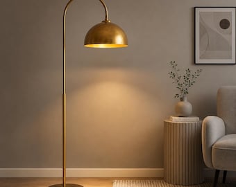 Messing boogvloerlamp uit het midden van de eeuw, moderne leeslamp, minimalistische staande staande lamp met koepel