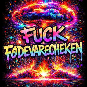 Puede incluir: Gráfico psicodélico y vibrante sobre fondo negro. La imagen presenta la palabra "FUCK" sobre "FODEVARECHEKEN" en letras goteantes de colores arcoíris. Explosiones de color y luz surgen de la parte inferior y superior de la imagen.