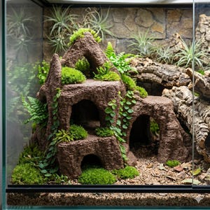 Könnte beinhalten: Eine braune, mehrstöckige Felsstruktur aus Kunstharz mit mehreren bogenförmigen Öffnungen und Tunneln, verziert mit grünem Moos und rankenden Pflanzen, platziert in einem Glasterrarium mit Kiesboden und Stücken aus Korkrinde.