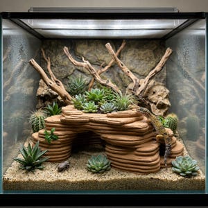 Op de afbeelding: Een glazen terrarium met een beige, gelaagde rotsachtige schuilplaats, zandbodem en diverse vetplanten. Een gevlekte luipaardgekko zit op de zijkant van de rotsstructuur en een kleine donkere kever bevindt zich op de zandbodem.