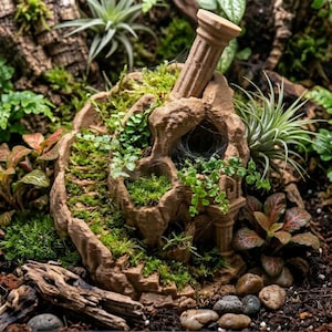 Op de afbeelding: Een terrarium met een beige, steenachtige architecturale ruïne met een wenteltrap en een zuil. De structuur is omgeven door diverse groene planten, waaronder varens, luchtplanten en mos, in een doorzichtige glazen behuizing.
