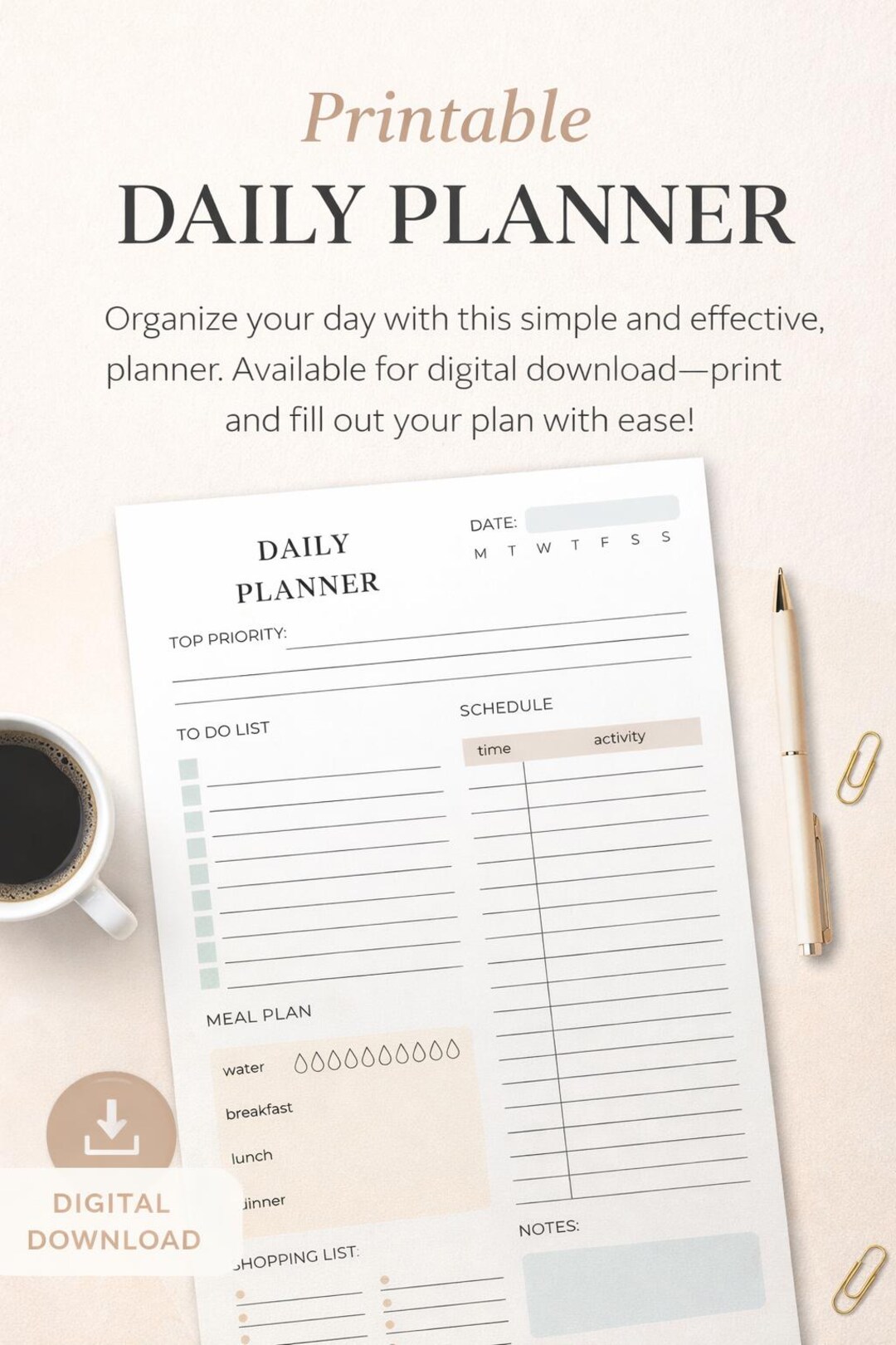 Minimalist Daily Planner Printable – Instant Download Productivity ...