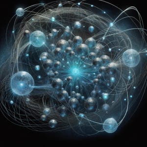 May include: Abstract digital art featuring a central burst of bright blue light surrounded by numerous spheres and interconnected lines. The spheres vary in size and shade, with a dark background.
