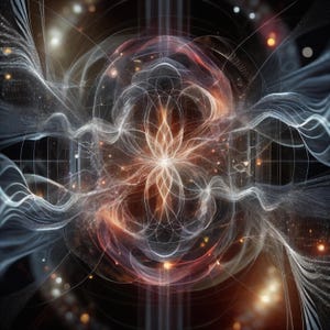 Könnte beinhalten: Abstrakte digitale Kunst mit einer zentralen, leuchtenden, blütenartigen Form in Orange- und Weißtönen, umgeben von wirbelnden, durchscheinenden Linien und Kugeln vor einem dunklen Hintergrund. Das Kunstwerk erzeugt ein Gefühl von Energie und kosmischen Mustern.