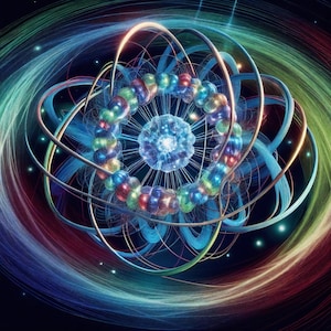 May include: Abstract digital art depicting an atom with orbiting rings and colorful spheres. The artwork features a central blue core surrounded by a ring of multicolored spheres and swirling lines in shades of blue, green, and red.