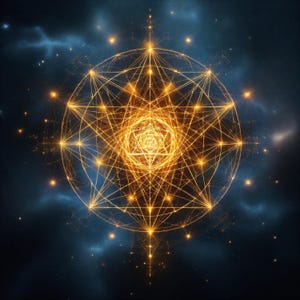Op de afbeelding: Een digitale illustratie van een gouden geometrisch ontwerp tegen een donkerblauwe en zwarte achtergrond. Het ontwerp bevat onderling verbonden lijnen en gloeiende bollen, waardoor een complex, symmetrisch patroon ontstaat. Het algemene effect doet denken aan een hemelkaart of spiritueel symbool.