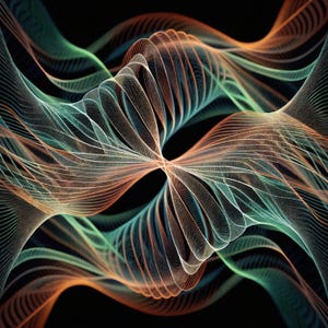 May include: Abstract digital artwork showing flowing, interwoven lines in orange, teal, and white against a black backdrop. The design creates a sense of movement and depth, with the lines appearing to twist and turn.