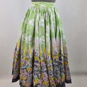 1960's Vintage Floral Border Print Skirt Green Pink Cotton Full Skirt XXS-XS