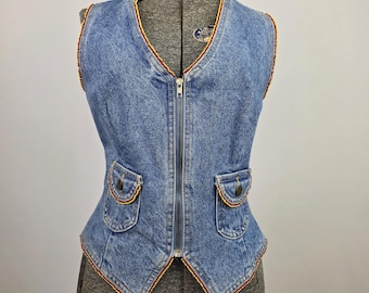 Gilet en jean brodé de perles Paris Blues vintage des années 90 pour femmes, taille grande