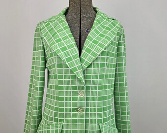 Chaqueta Russ Vintage de los años 70 para mujer, estilo funky, verde y blanco, con solapa ancha de pico, talla mediana.