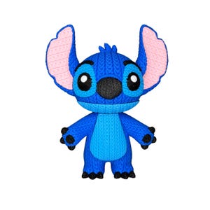May include: A blue Stitch figurine with large ears, black eyes, and a black nose. The figurine has a knitted texture and is standing upright. The ears are pink on the inside. The figurine is a character from the Disney movie Lilo & Stitch.