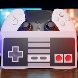 Op de afbeelding: Een wit en grijze videogamecontroller met een retro-ontwerp. De controller heeft een directioneel pad, knoppen en joysticks. Het ontwerp combineert elementen van klassieke en moderne gameconsoles.