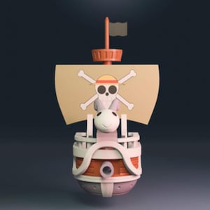 May include: A 3D-rendered model of a ship, featuring a tan sail with a skull and crossbones design. The ship has a white and orange body, a small flag, and a cartoonish aesthetic. The design is reminiscent of the Thousand Sunny from the anime series One Piece.