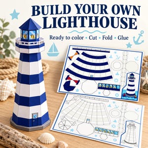 Könnte beinhalten: Ein Papierbastelset mit einem blau-weißen Leuchtturmmodell und zwei bedruckten Bögen mit Vorlagen zum Ausmalen, Ausschneiden, Falten und Kleben. Der Text lautet BUILD YOUR OWN LIGHTHOUSE und Ready to color • Cut • Fold • Glue mit nautischen Symbolen.