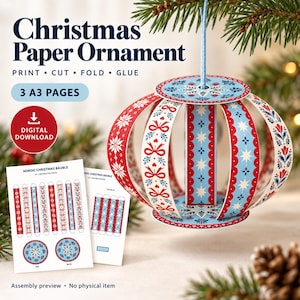 May include: A digital download for a Christmas paper ornament featuring red, white, and blue patterned strips and circular end pieces. The text reads Christmas Paper Ornament, Print, Cut, Fold, Glue, 3 A3 Pages, Digital Download, and Assembly preview.