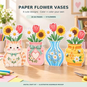 Pappersblomvaspyssel utskrivbart, 4 söta mönster, färglägg och måla i A4 PDF