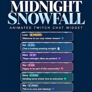 May include: A Stream Elements Midnight Snowfall animated Twitch chat widget display featuring six distinct chat box styles in shades of blue and purple, each with user names, role badges, and sample messages on a dark blue background.