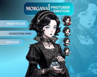 May include: Digital art of a goth girl named Morgana, with black hair and pale skin, wearing a black dress with lace details. The image includes the text "PNGTUBER EMOTION" and "READY TO USE", "VEADOTUBE MINI", and "GOTH GIRL".