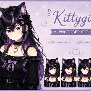 May include: A digital character asset set titled Kittygirl PNGTuber Set featuring an anime-style character with long black and purple hair, cat ears, and a black off-the-shoulder dress with purple bows, including one Veadotube file and four transparent PNGs.