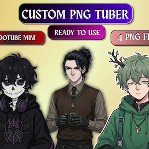 May include: Three digital character illustrations labeled Custom PNG Tuber, Ready to Use, 1 Veadotube Mini, and 4 PNG Files. The characters include a skeleton-faced figure in a black hoodie, a person in a brown vest, and a green-haired figure with antlers.