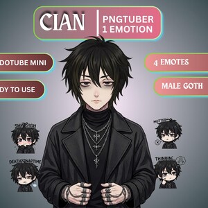 May include: A digital character illustration featuring a person with black hair, dark eyes, and a black coat over a turtleneck. The character wears layered silver chain necklaces and multiple rings. Text includes CIAN, PNGTUBER, 1 EMOTION, VEADOTUBE MINI, READY TO USE, 4 EMOTES, MALE GOTH, SHY SIGH, DEATH'S NAPTIME, MUTTER, and THINKIN.