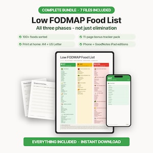 May include: A digital Low FODMAP Food List bundle featuring a tablet displaying a three-column food guide, a smartphone showing an eat list, and two printed pages for meal tracking. The text includes 100+ foods sorted, 11-page bonus tracker pack, and print at home A4 + US Letter options.